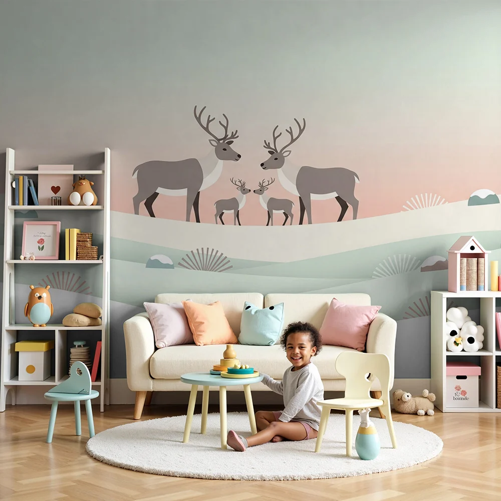 Nursery room wallpaper | Nyugtató téli tájban szarvascsalád