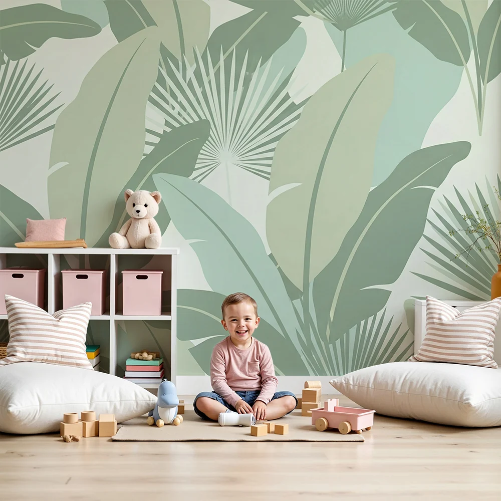 Nursery room wallpaper | Nyugtató zöld árnyalatú trópusi levelek