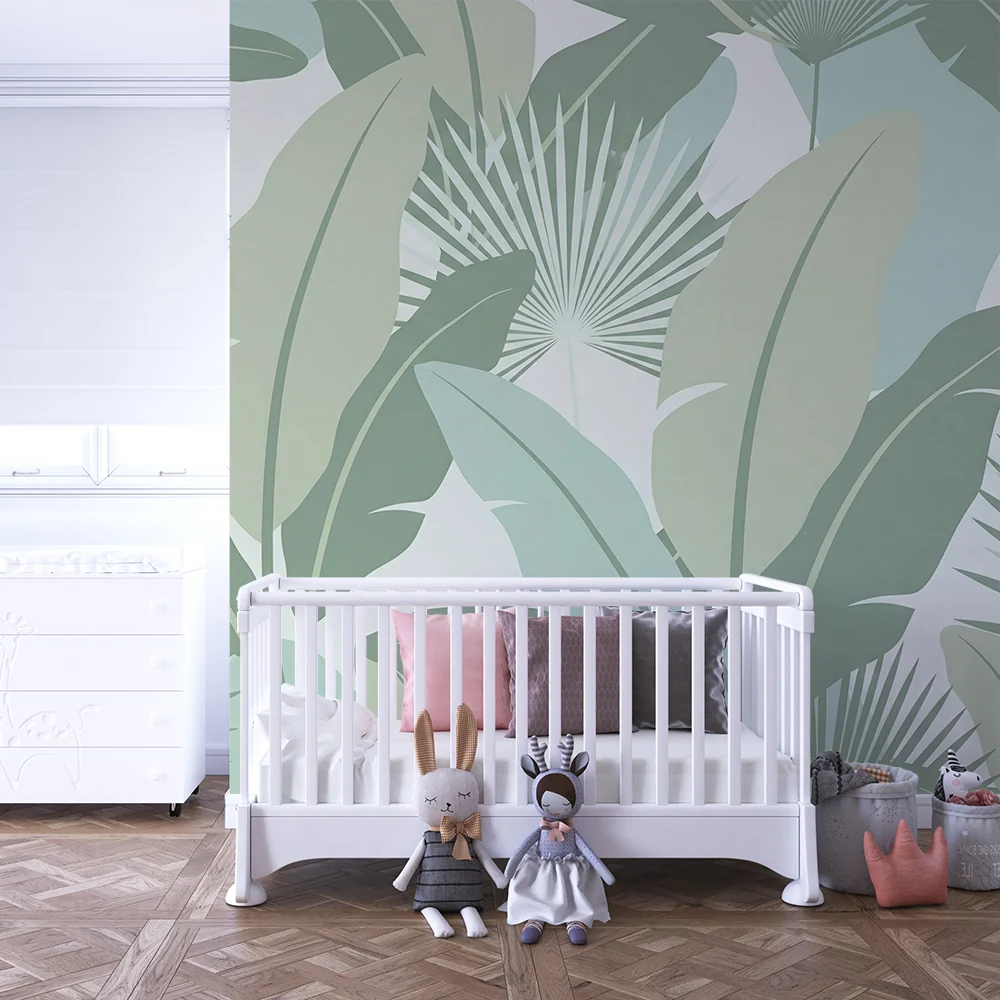 Nursery room wallpaper | Nyugtató zöld árnyalatú trópusi levelek