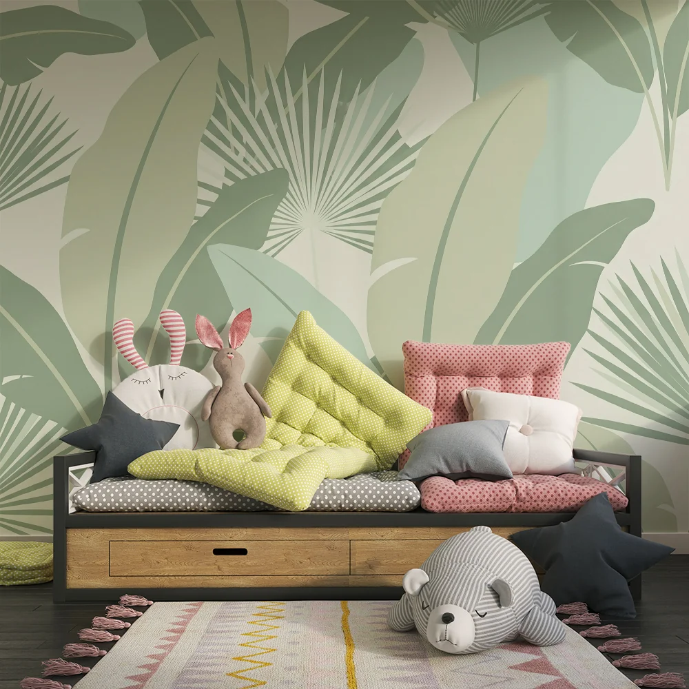Nursery room wallpaper | Nyugtató zöld árnyalatú trópusi levelek