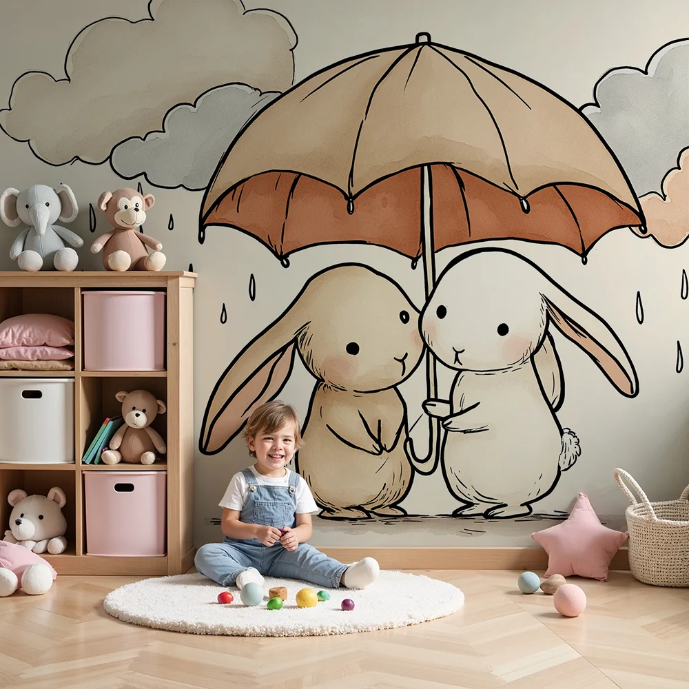 Nursery room wallpaper | Nyulak esernyő alatt esős díszletben