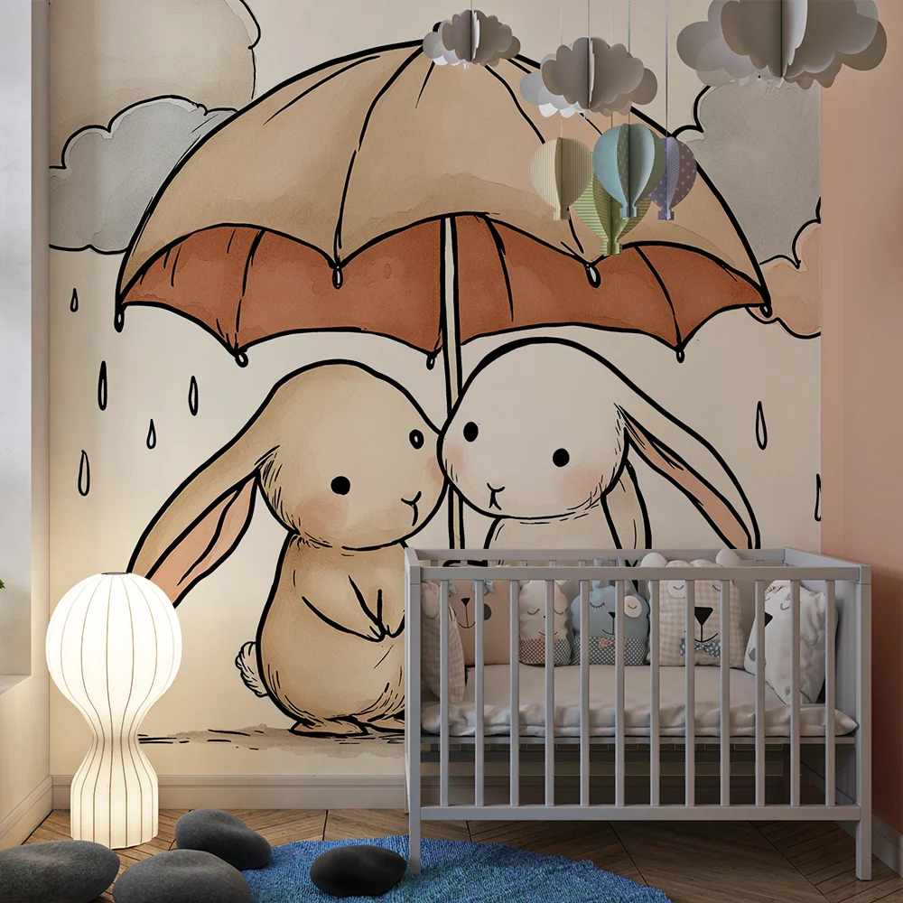 Nursery room wallpaper | Nyulak esernyő alatt esős díszletben