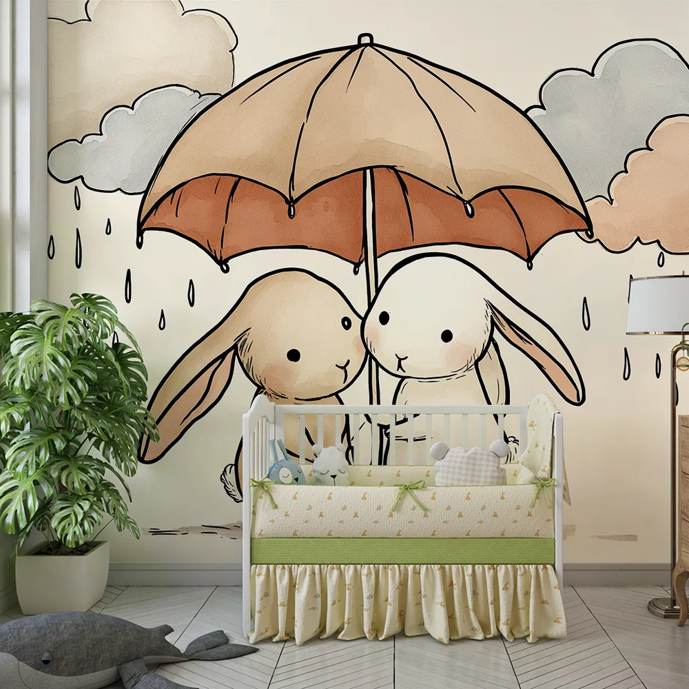 Nursery room wallpaper | Nyulak esernyő alatt esős díszletben