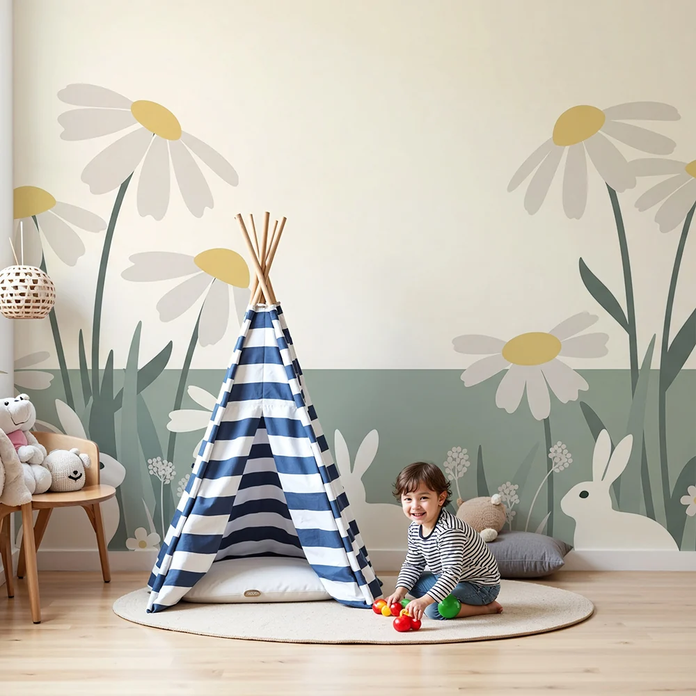 Nursery room wallpaper | Nyulak és mezővirágok nyugtató környezetben