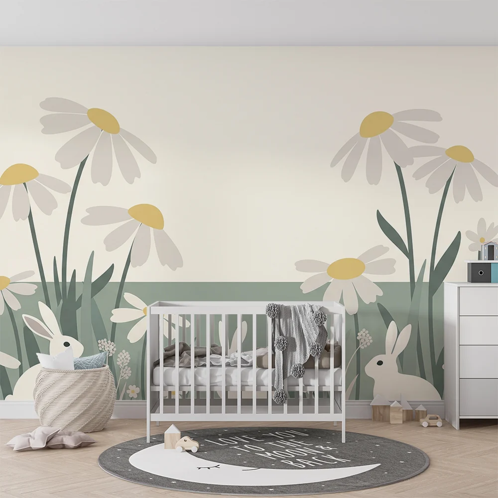 Nursery room wallpaper | Nyulak és mezővirágok nyugtató környezetben