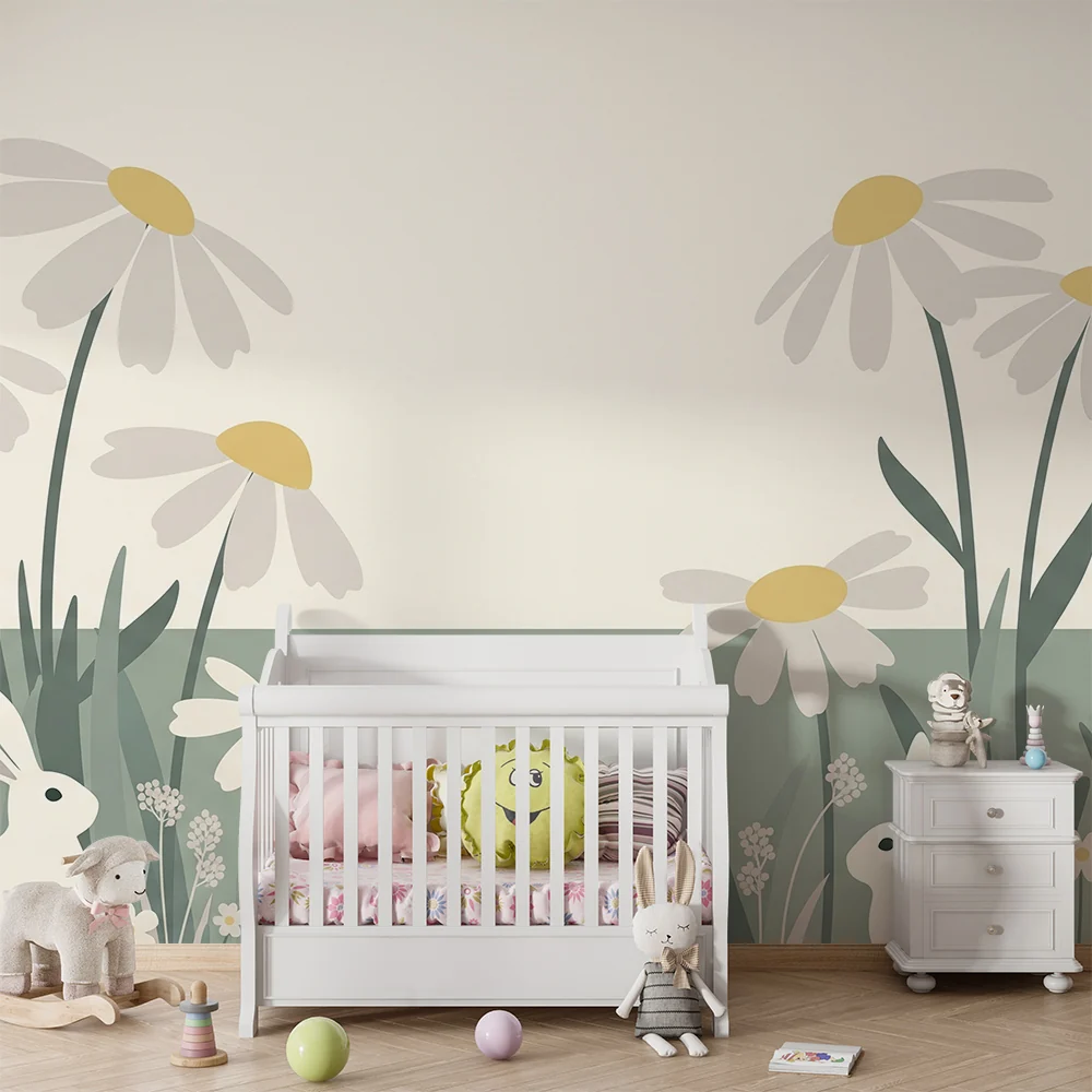 Nursery room wallpaper | Nyulak és mezővirágok nyugtató környezetben