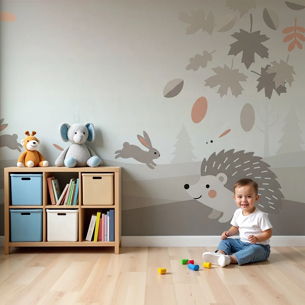 Nursery room wallpaper | Nyulak és sündisznók egy gyengéd őszi tájképen