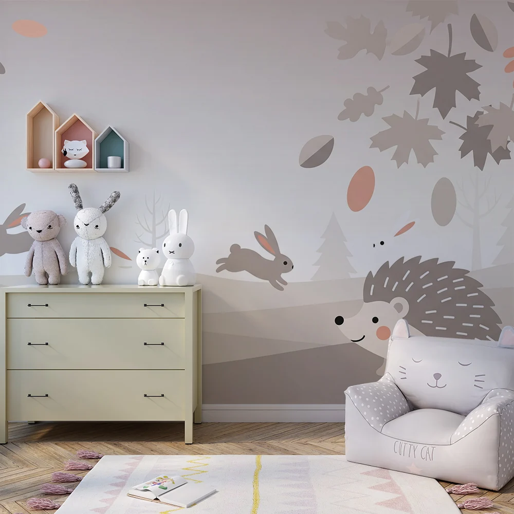 Nursery room wallpaper | Nyulak és sündisznók egy gyengéd őszi tájképen