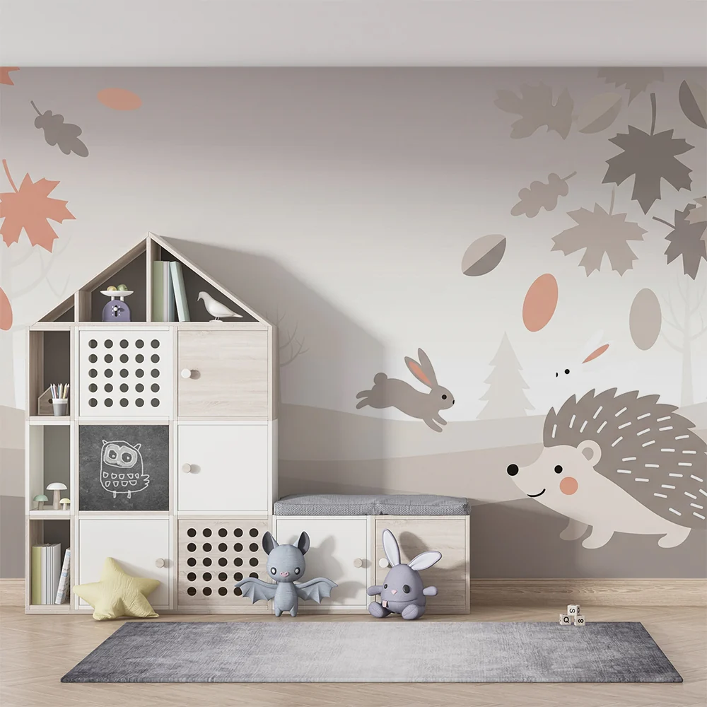 Nursery room wallpaper | Nyulak és sündisznók egy gyengéd őszi tájképen
