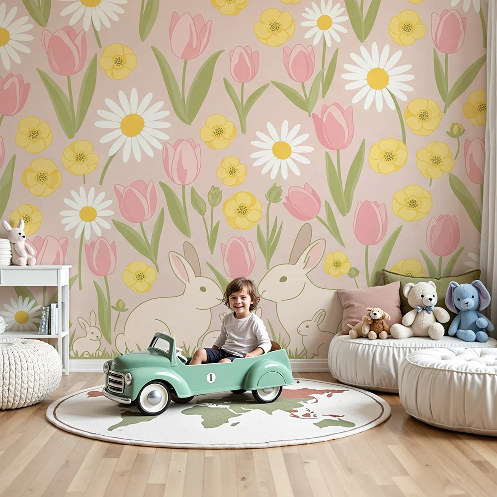 Nursery room wallpaper | Nyulak és tavaszi virágok