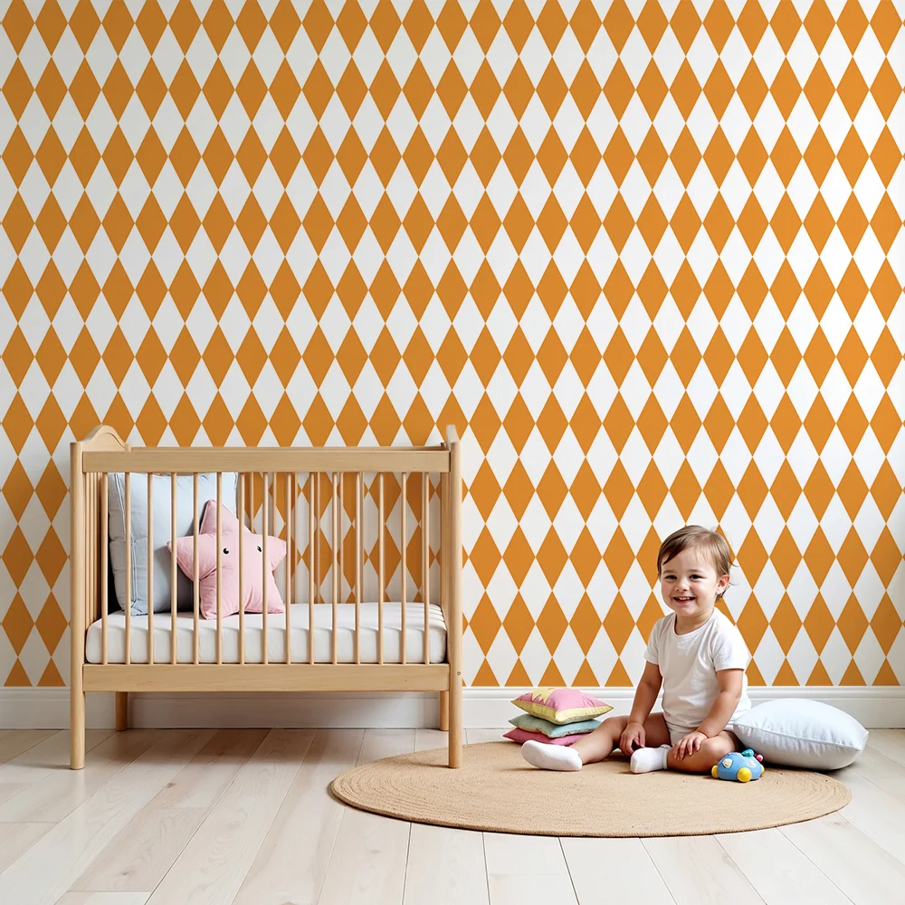 Nursery room wallpaper | Orange diamond pattern on white background