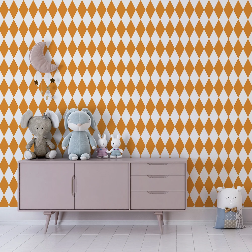 Nursery room wallpaper | Orange diamond pattern on white background