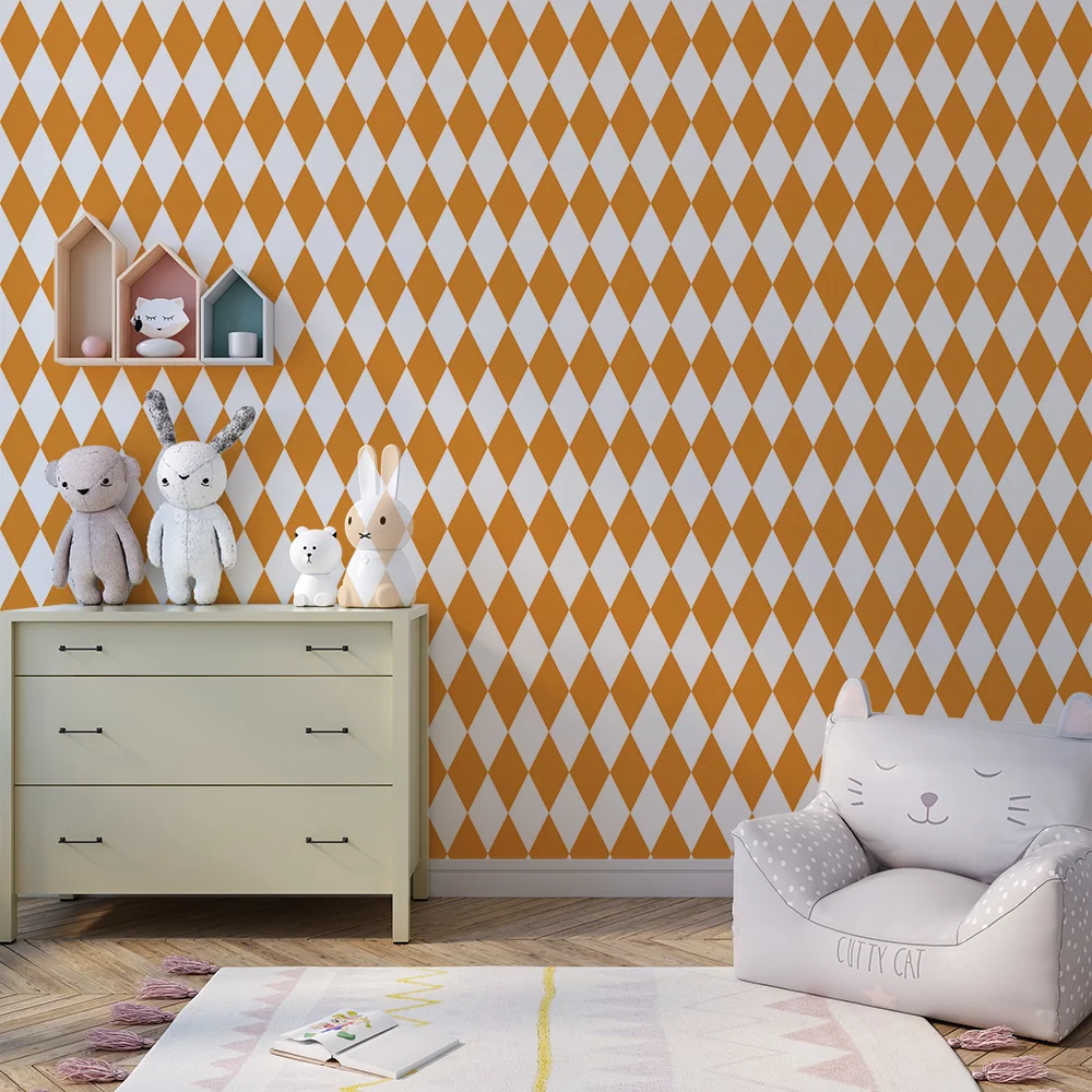 Nursery room wallpaper | Orange diamond pattern on white background