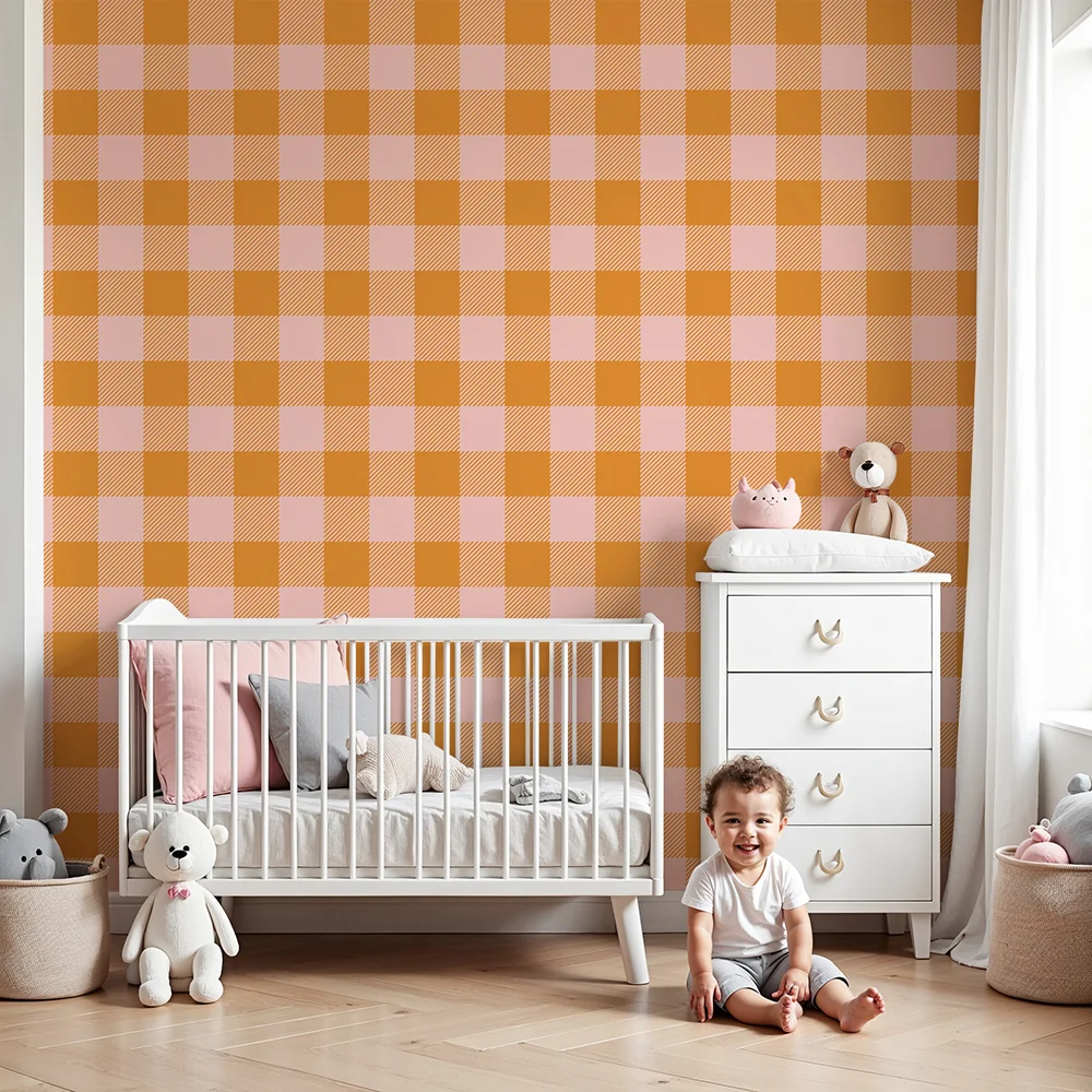 Nursery room wallpaper | Orange and soft pink checkered pattern