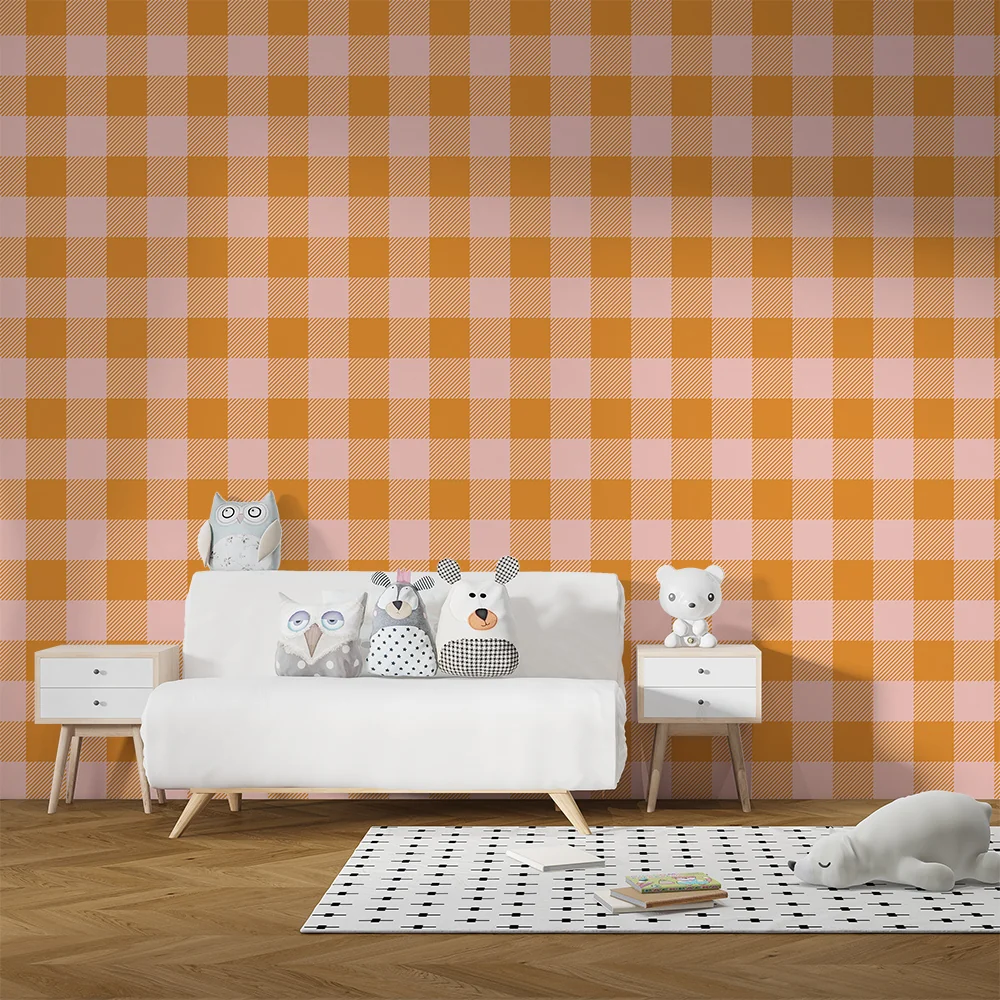 Nursery room wallpaper | Orange and soft pink checkered pattern