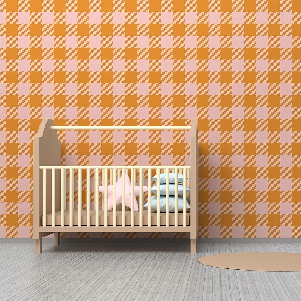 Nursery room wallpaper | Orange and soft pink checkered pattern