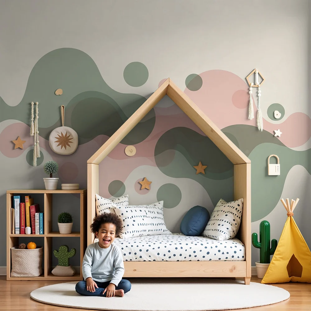 Nursery room wallpaper | Organikus formák puha zöld és rózsaszín árnyalatokban