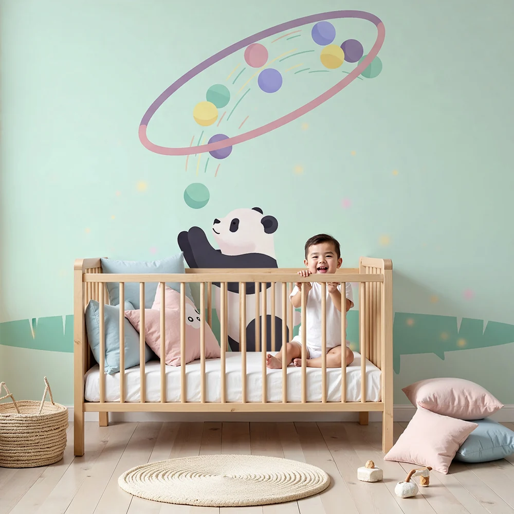 Nursery room wallpaper | Panda játékos és színes buborékok egy lágy világban