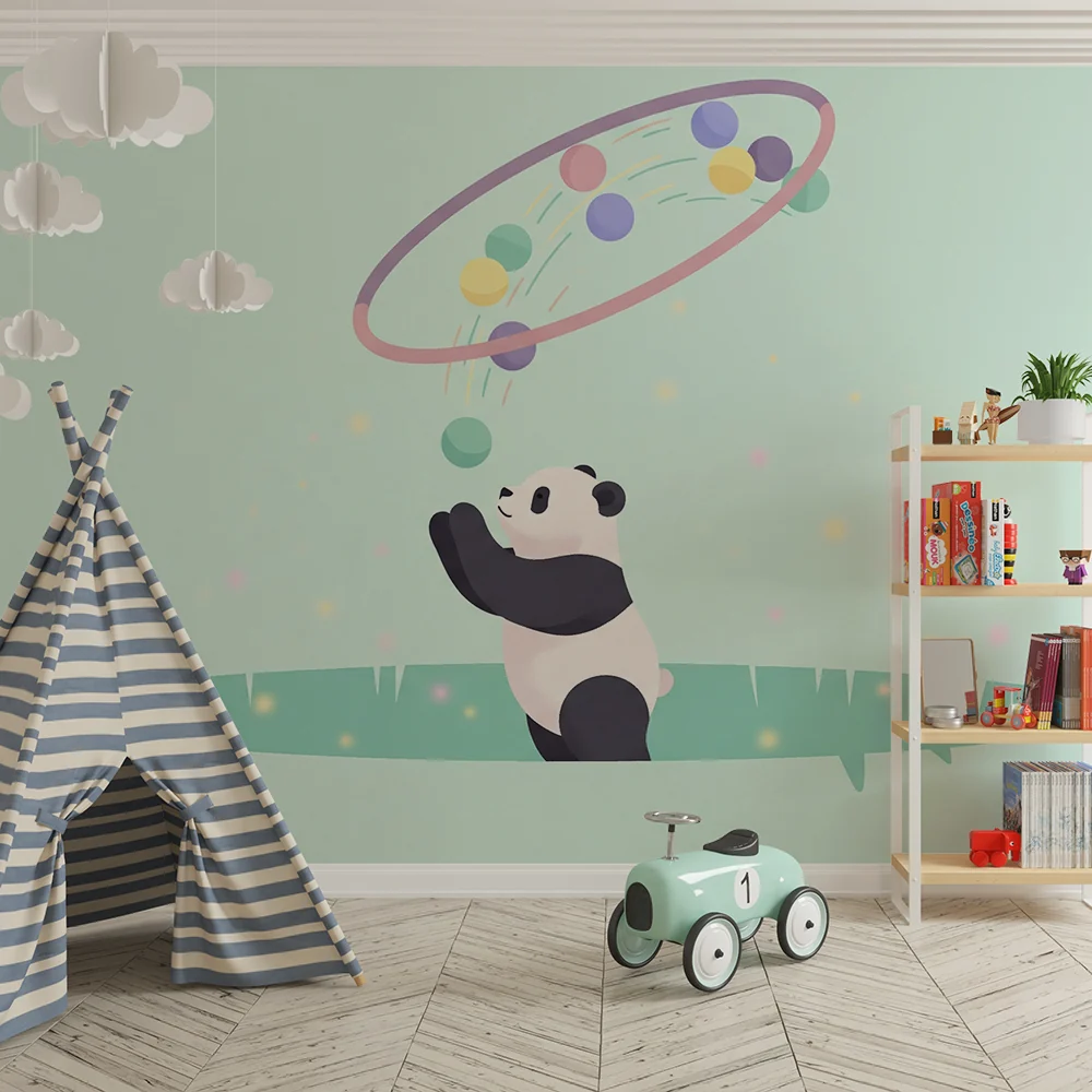 Nursery room wallpaper | Panda játékos és színes buborékok egy lágy világban