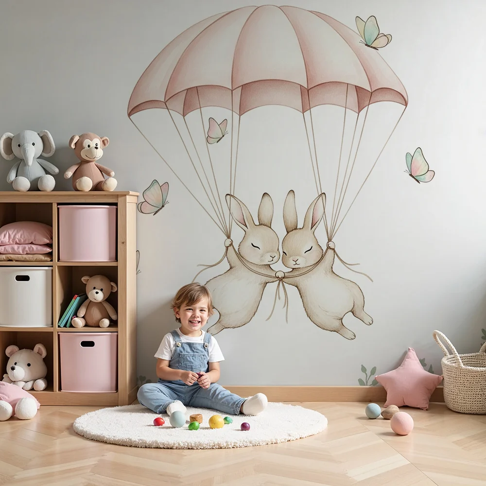 Nursery room wallpaper | Parachuting rabbits and butterflies