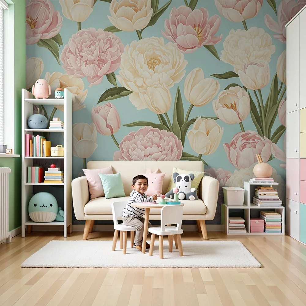 Nursery room wallpaper | Pastel flowers and spring sweetness