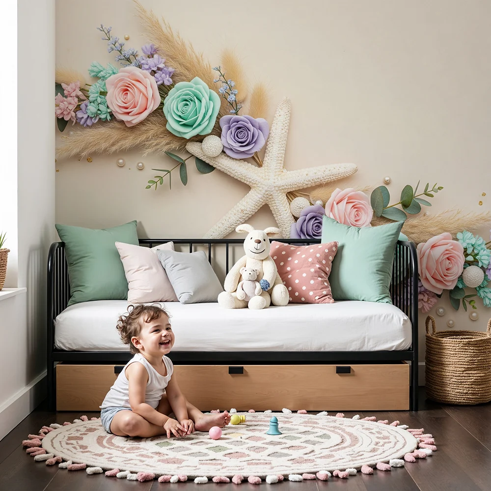 Nursery room wallpaper | Pastel flowers and starfish soft atmosphere