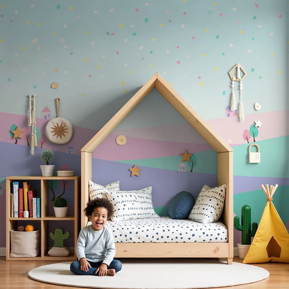 Nursery room wallpaper | Pastel landscape colorful houses and trees