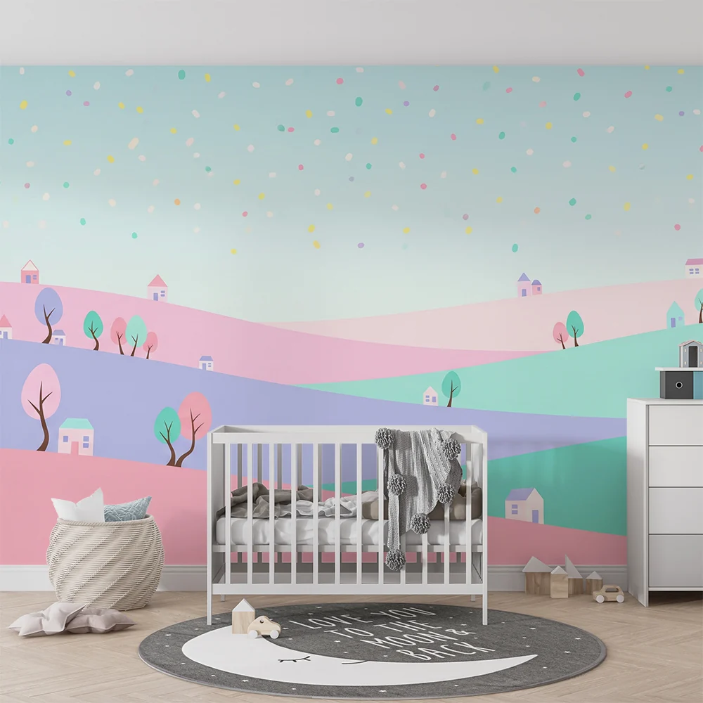 Nursery room wallpaper | Pastel landscape colorful houses and trees