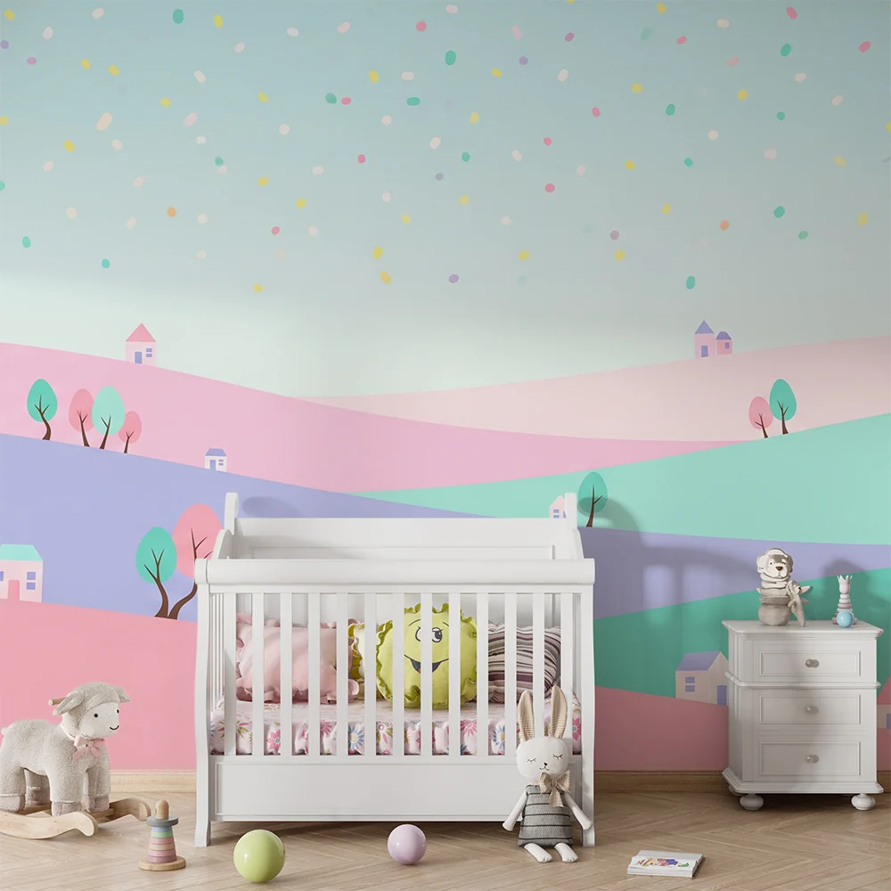Nursery room wallpaper | Pastel landscape colorful houses and trees