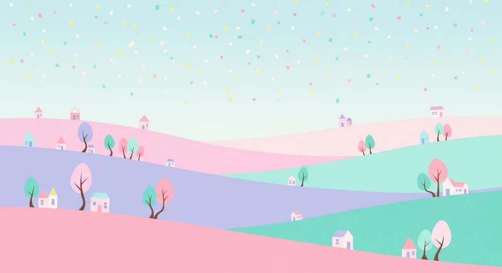 Nursery room wallpaper | Pastel landscape colorful houses and trees