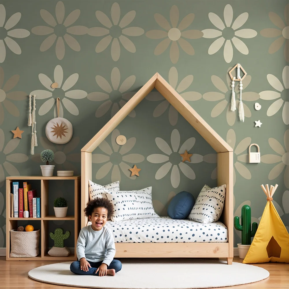 Nursery room wallpaper | Pastel-colored flower motifs on green background
