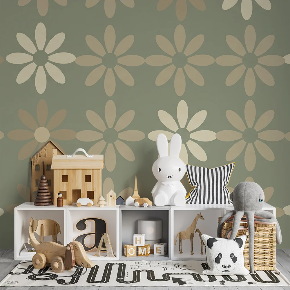 Nursery room wallpaper | Pastel-colored flower motifs on green background