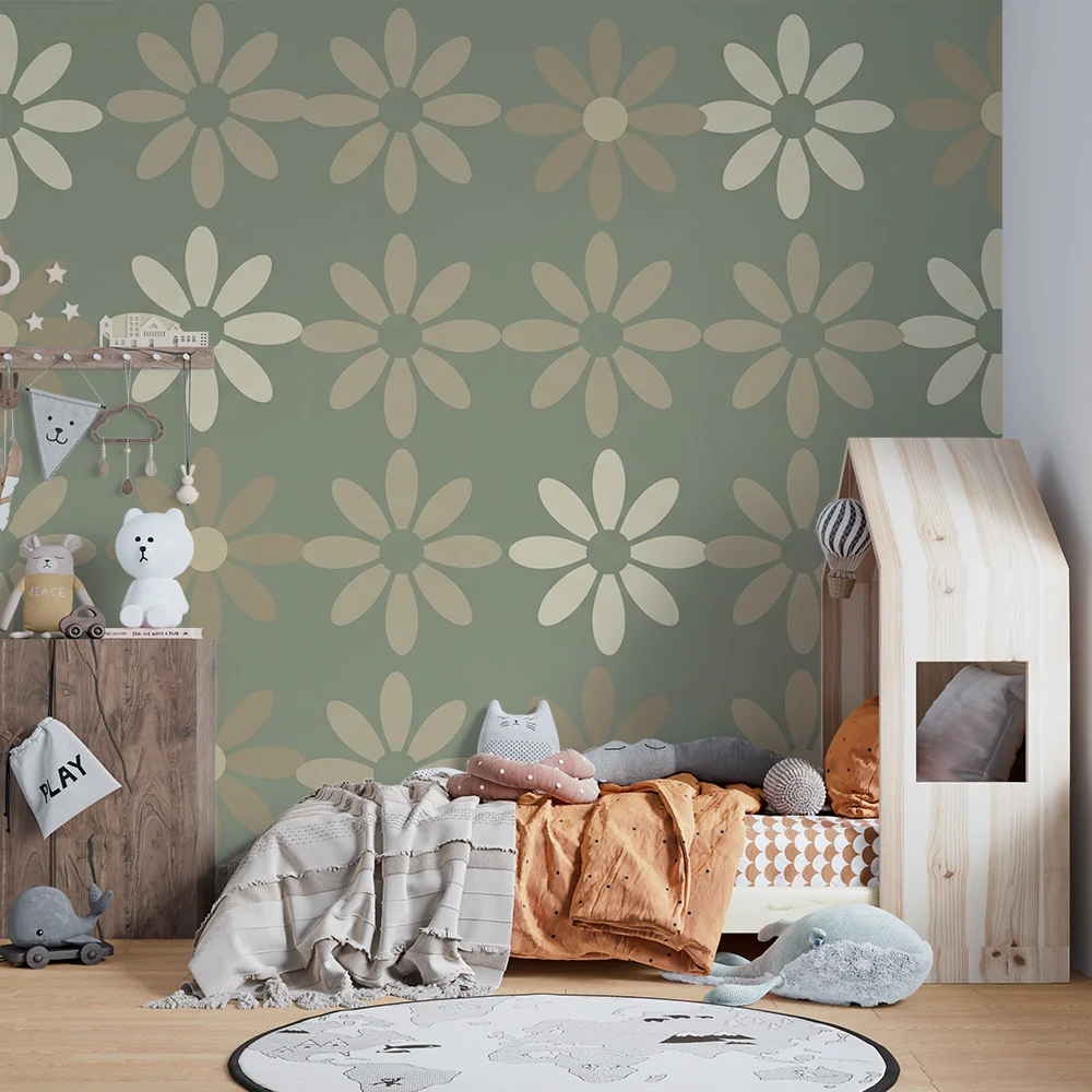 Nursery room wallpaper | Pastel-colored flower motifs on green background