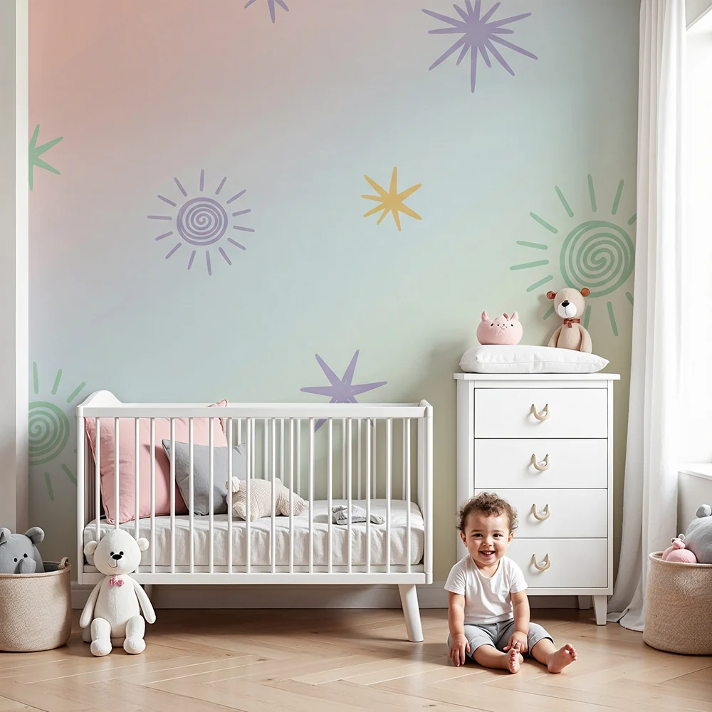 Nursery room wallpaper | Pasztell csillagok és napok puha háttéren