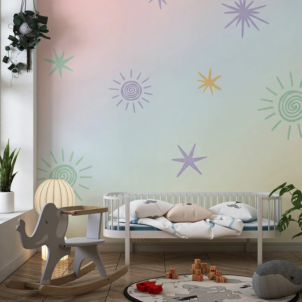 Nursery room wallpaper | Pasztell csillagok és napok puha háttéren