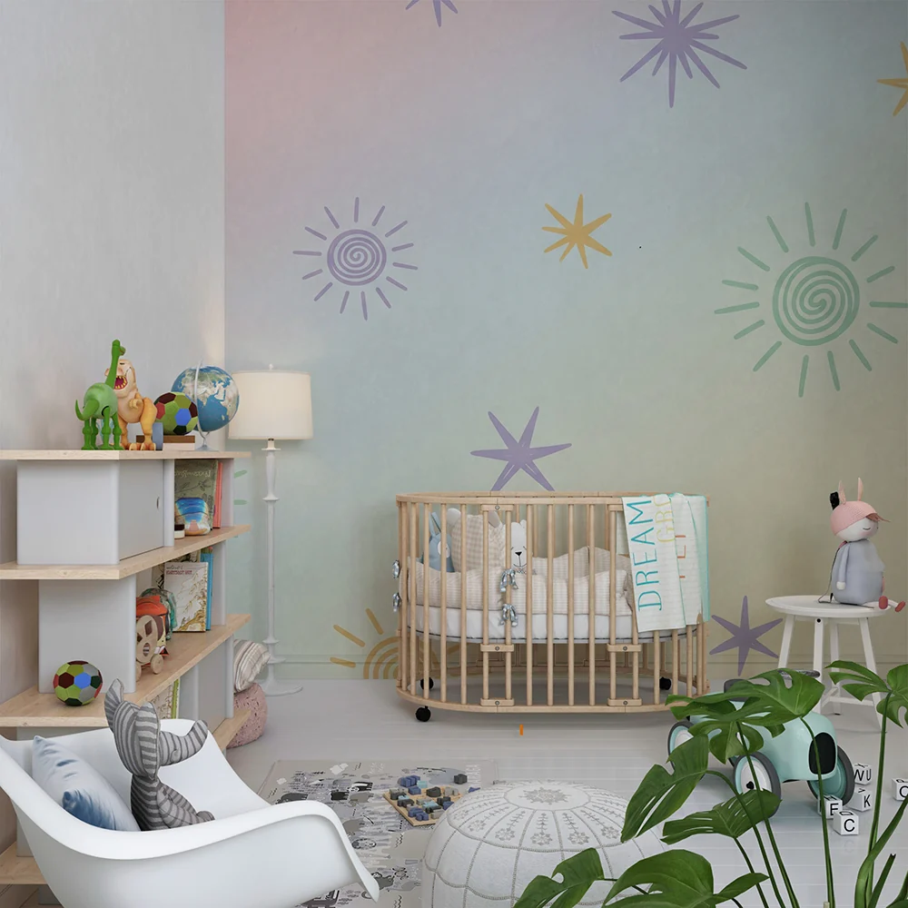 Nursery room wallpaper | Pasztell csillagok és napok puha háttéren