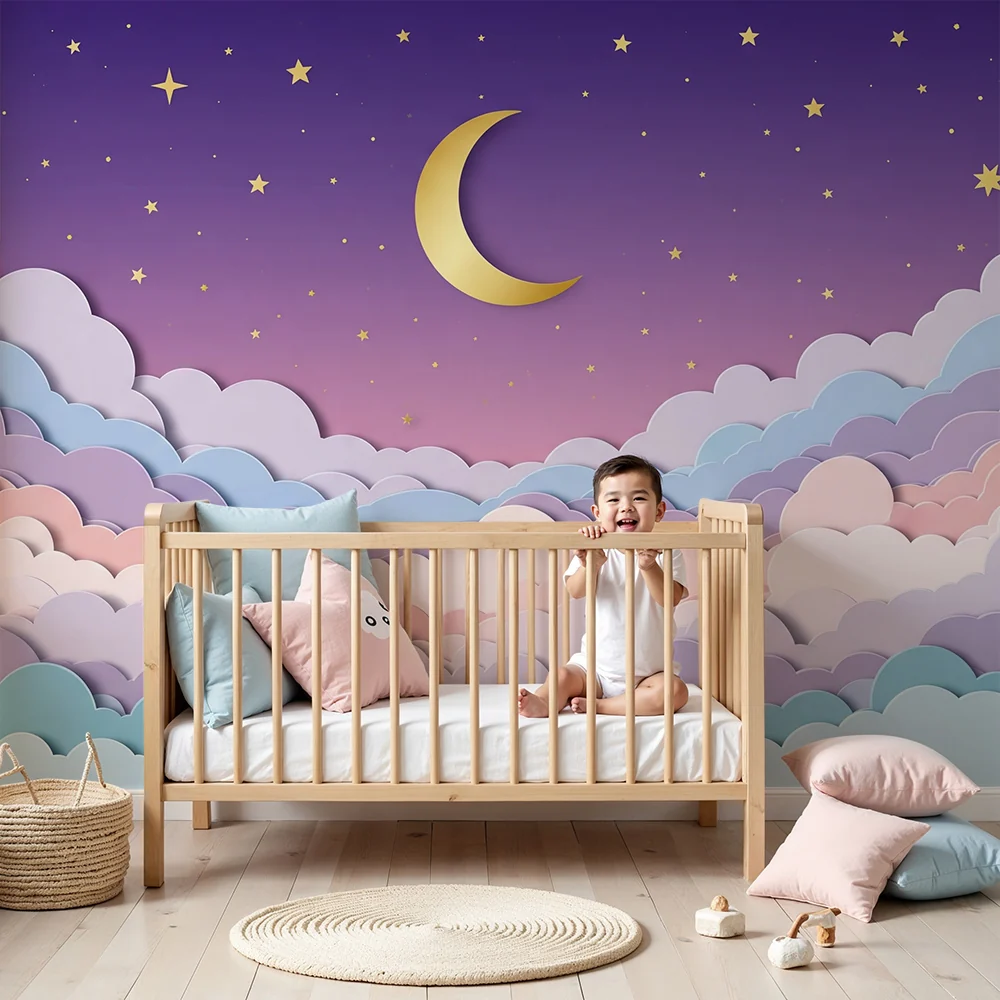 Nursery room wallpaper | Pasztell felhők és arany hold csillagos égbolt alatt