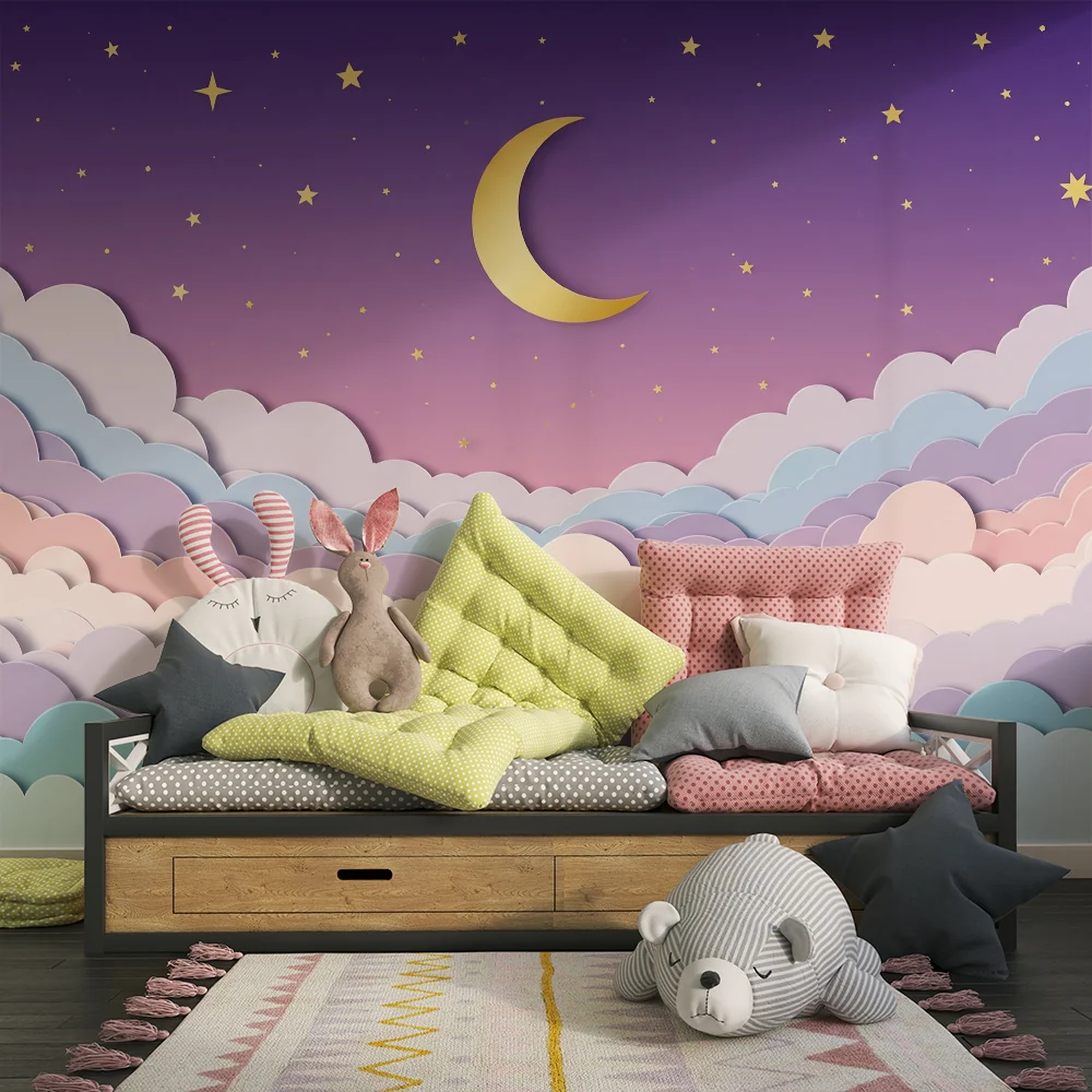 Nursery room wallpaper | Pasztell felhők és arany hold csillagos égbolt alatt