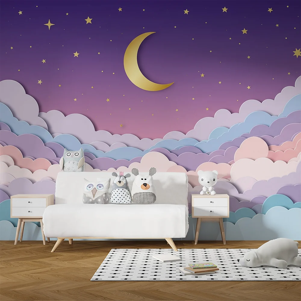 Nursery room wallpaper | Pasztell felhők és arany hold csillagos égbolt alatt