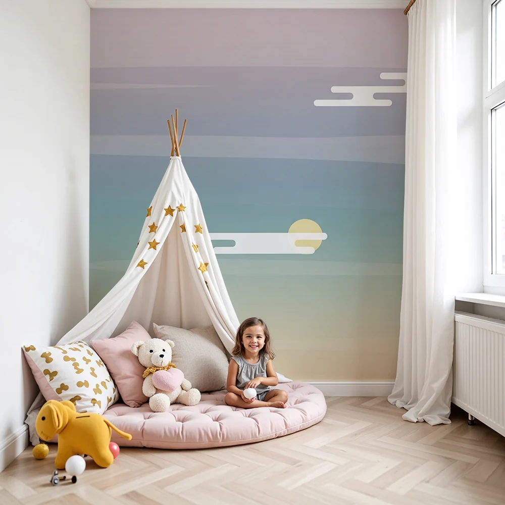 Nursery room wallpaper | Pasztell ég felhőkkel és lágy napsütéssel
