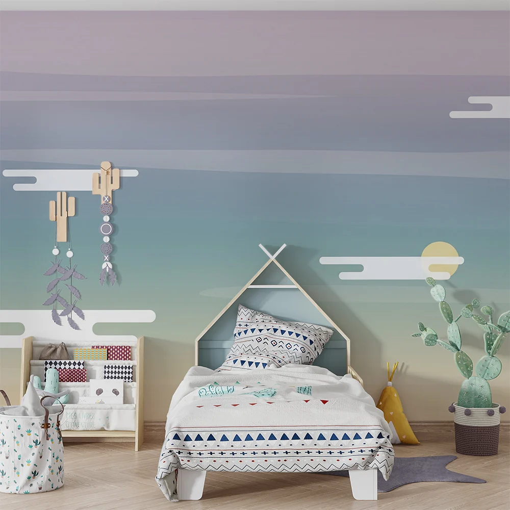 Nursery room wallpaper | Pasztell ég felhőkkel és lágy napsütéssel