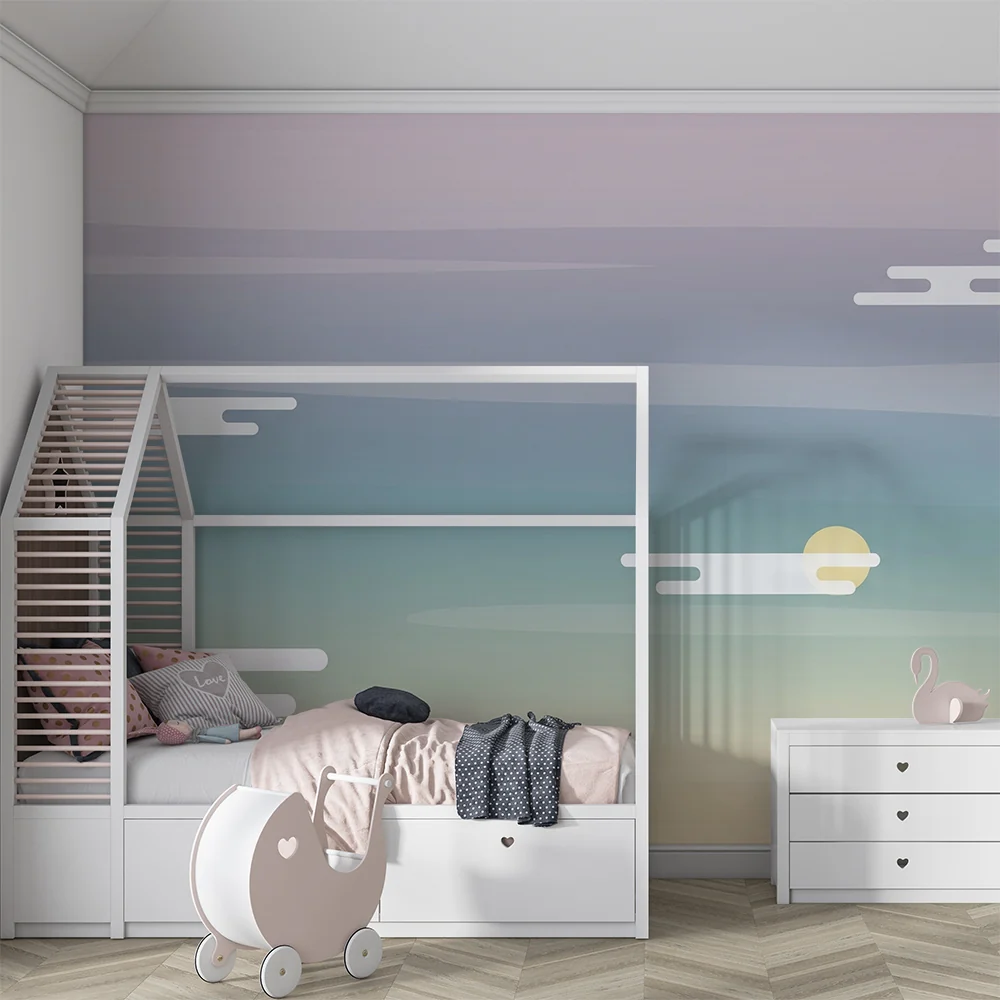 Nursery room wallpaper | Pasztell ég felhőkkel és lágy napsütéssel