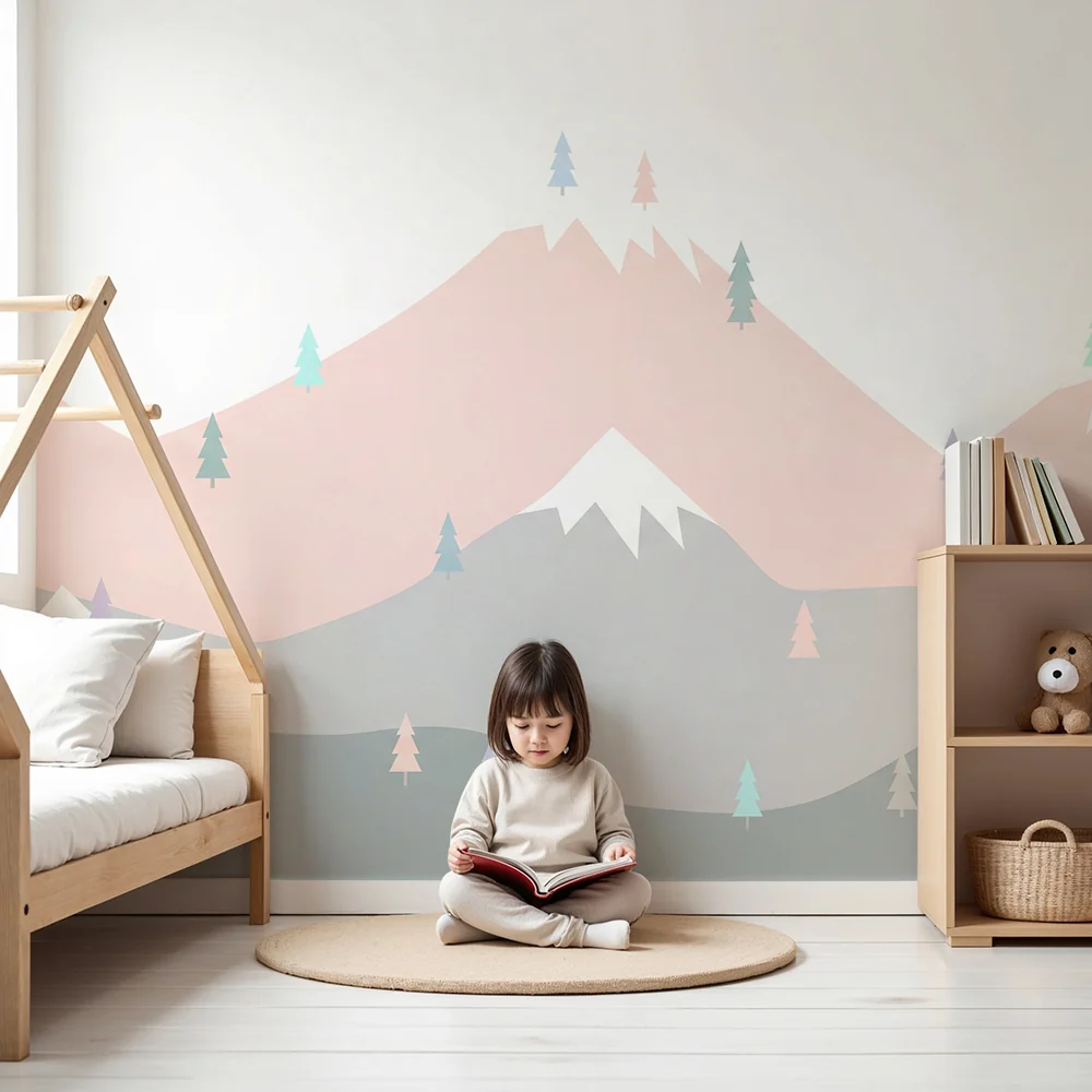 Nursery room wallpaper | Pasztell hegyek és finom fenyők