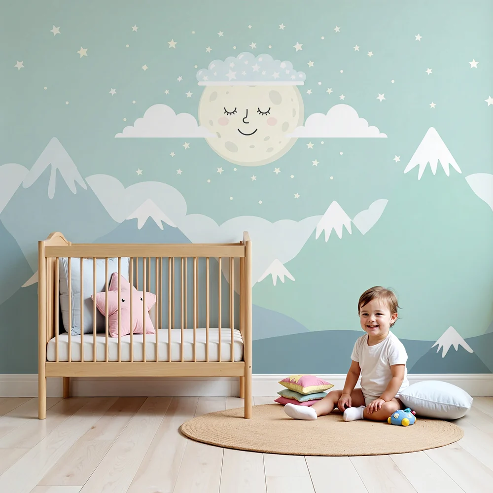 Nursery room wallpaper | Pasztell hegyek és pihenő hold