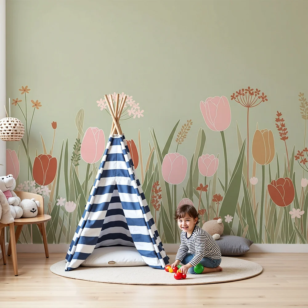 Nursery room wallpaper | Pasztell mező virágokkal, tulipánokkal és finom levelekkel