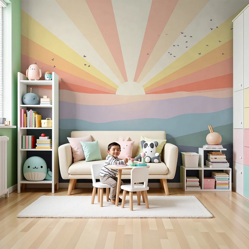 Nursery room wallpaper | Pasztell napkelte lágy hegyekkel
