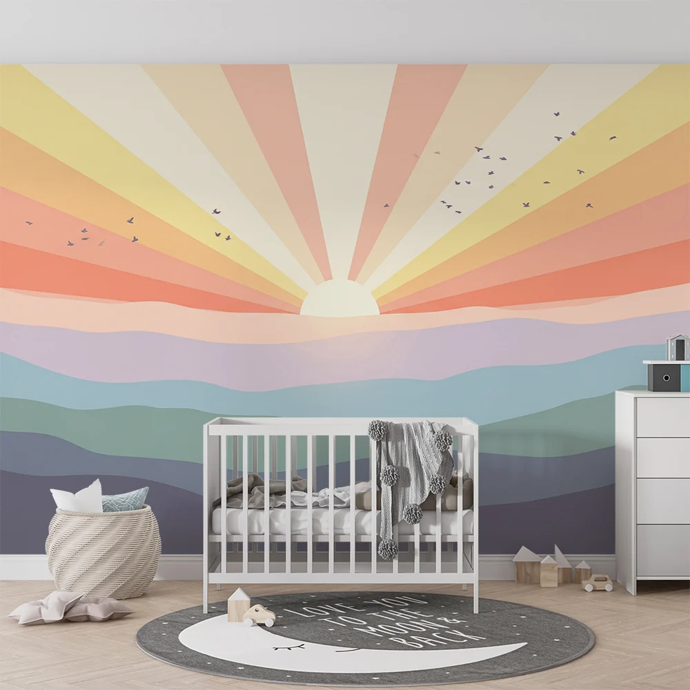 Nursery room wallpaper | Pasztell napkelte lágy hegyekkel