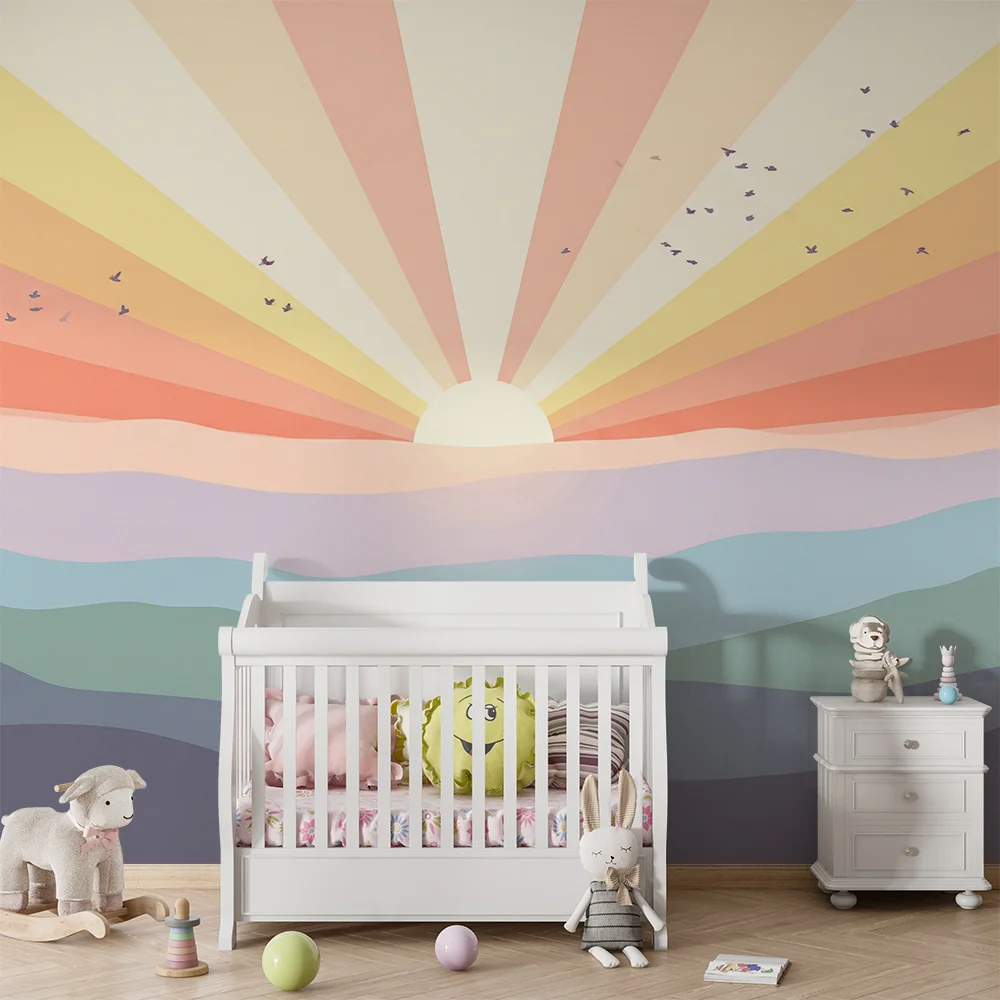 Nursery room wallpaper | Pasztell napkelte lágy hegyekkel