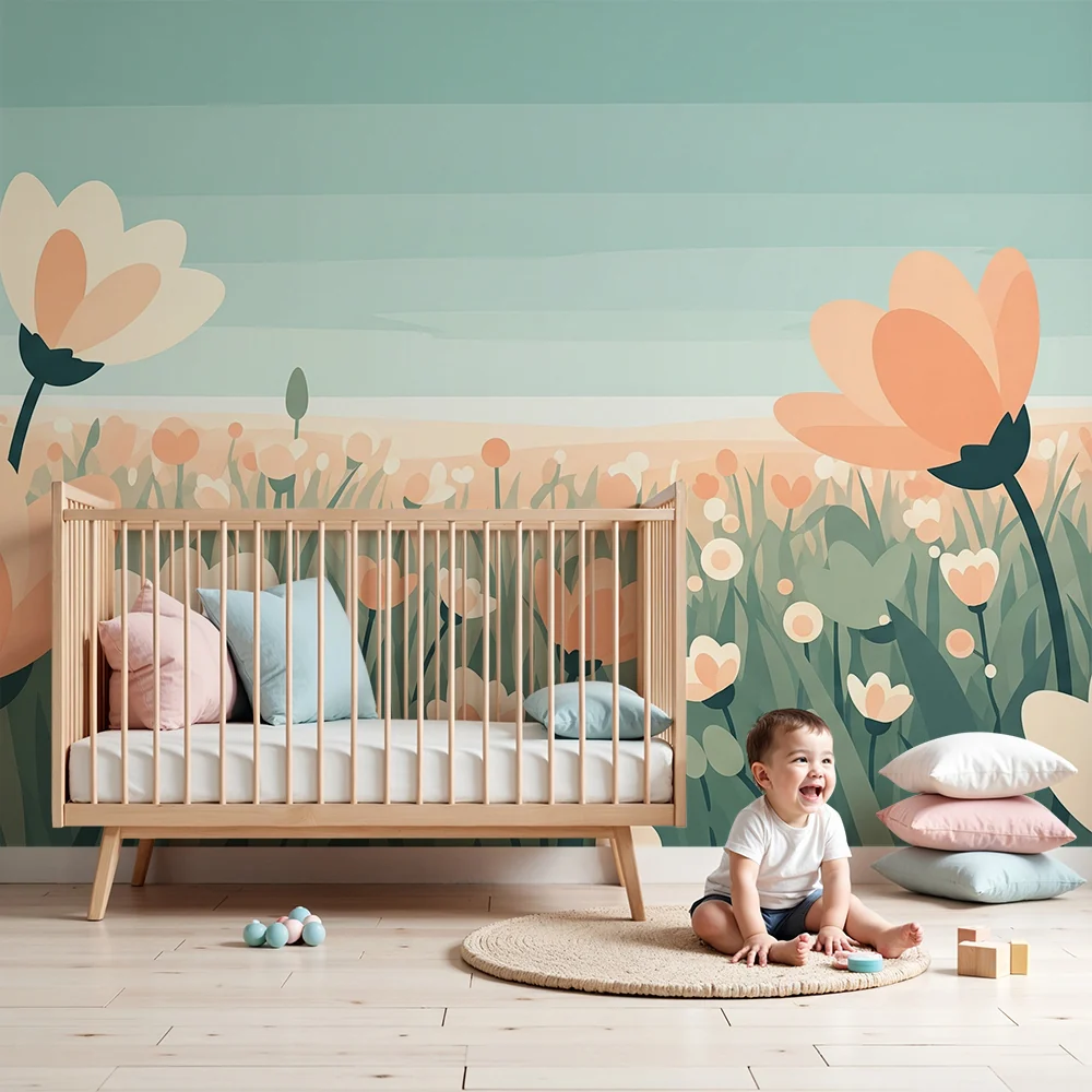 Nursery room wallpaper | Pasztell és puha virágmező