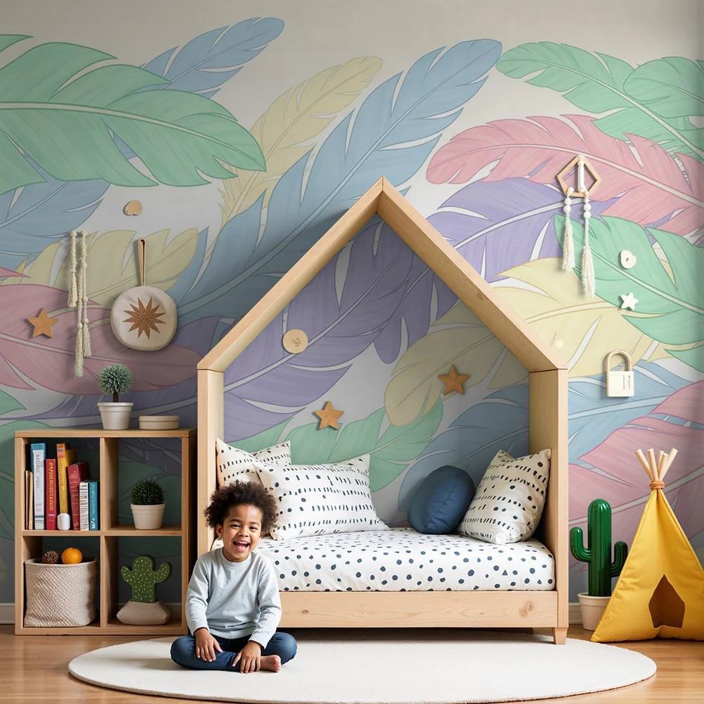 Nursery room wallpaper | Pasztell trópusi levelek puha háttéren